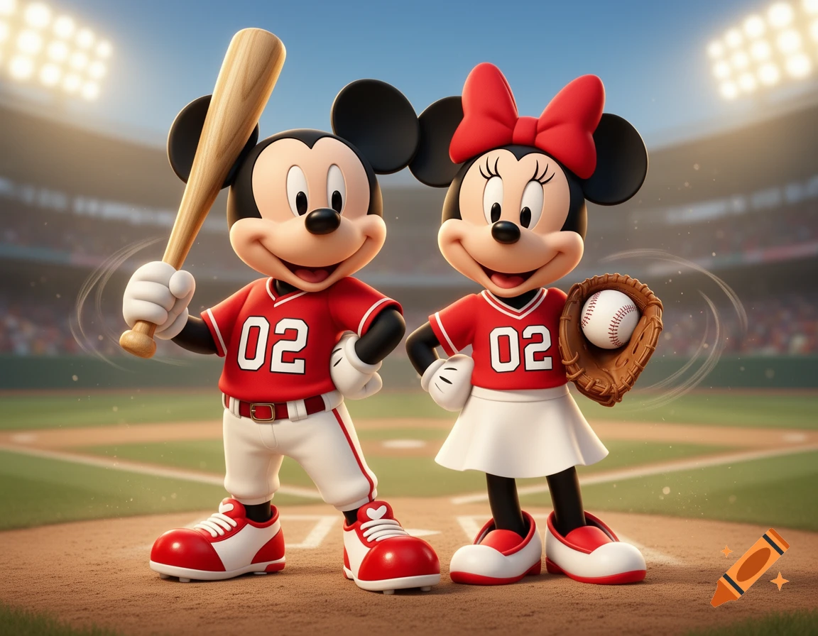 Mickey and Minnie Mouse wearing red baseball jerseys with the number 02, standing on a baseball field in a 3D animated style.