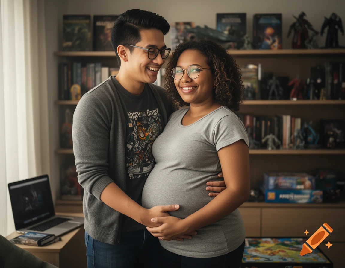 Photorealistic image of a smiling pregnant South African woman and her nerdy Malaysian husband embracing in a room with bookshelves.