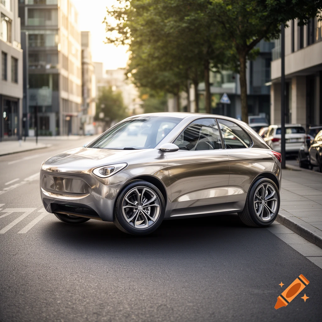 Photorealistic image of a sleek silver modern car parked on a city street.