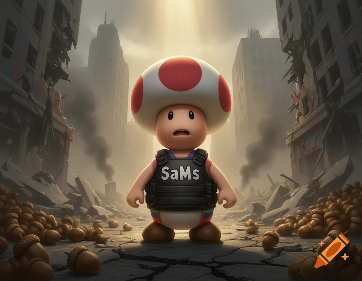 Digital art of Toad from Super Mario wearing a bulletproof vest with the text SaMs in a war-torn city filled with acorns.