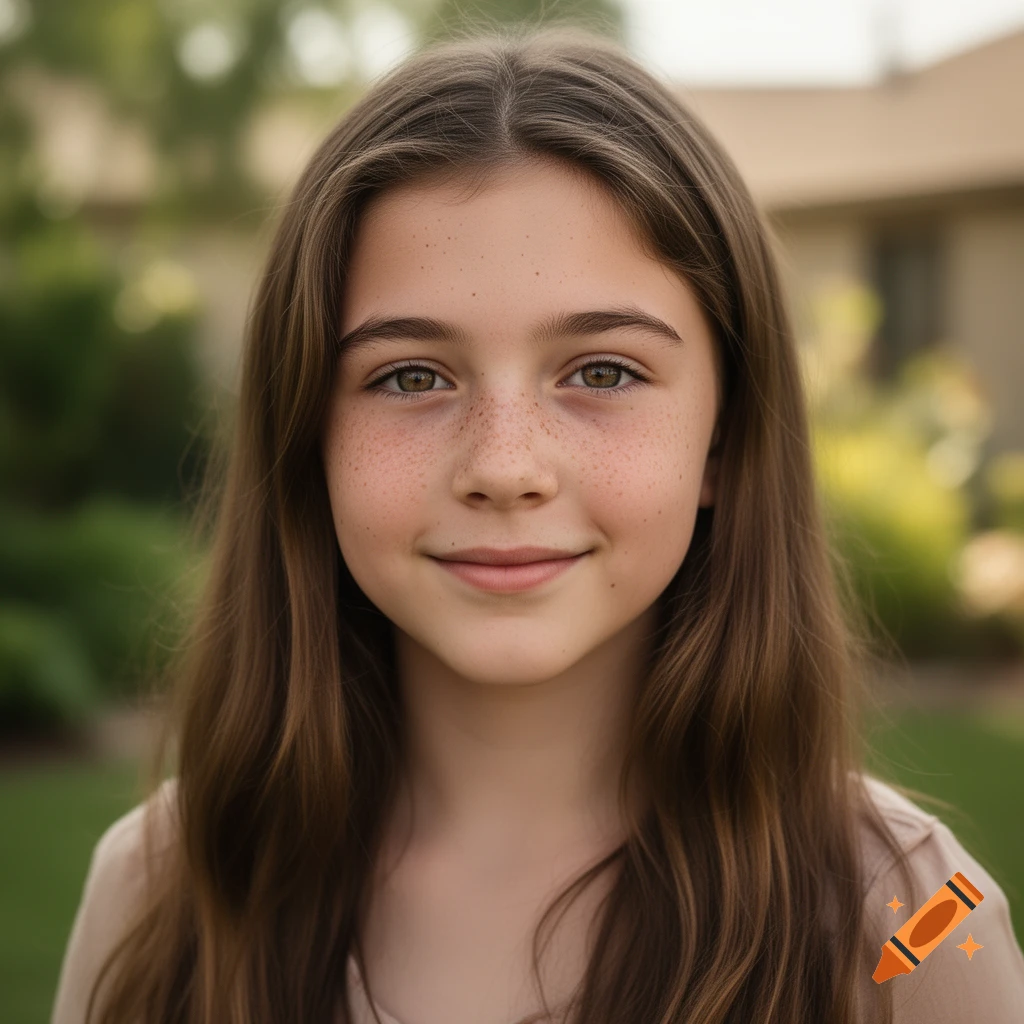 Close-up portrait of a young girl with brown hair and freckles smiling softly.