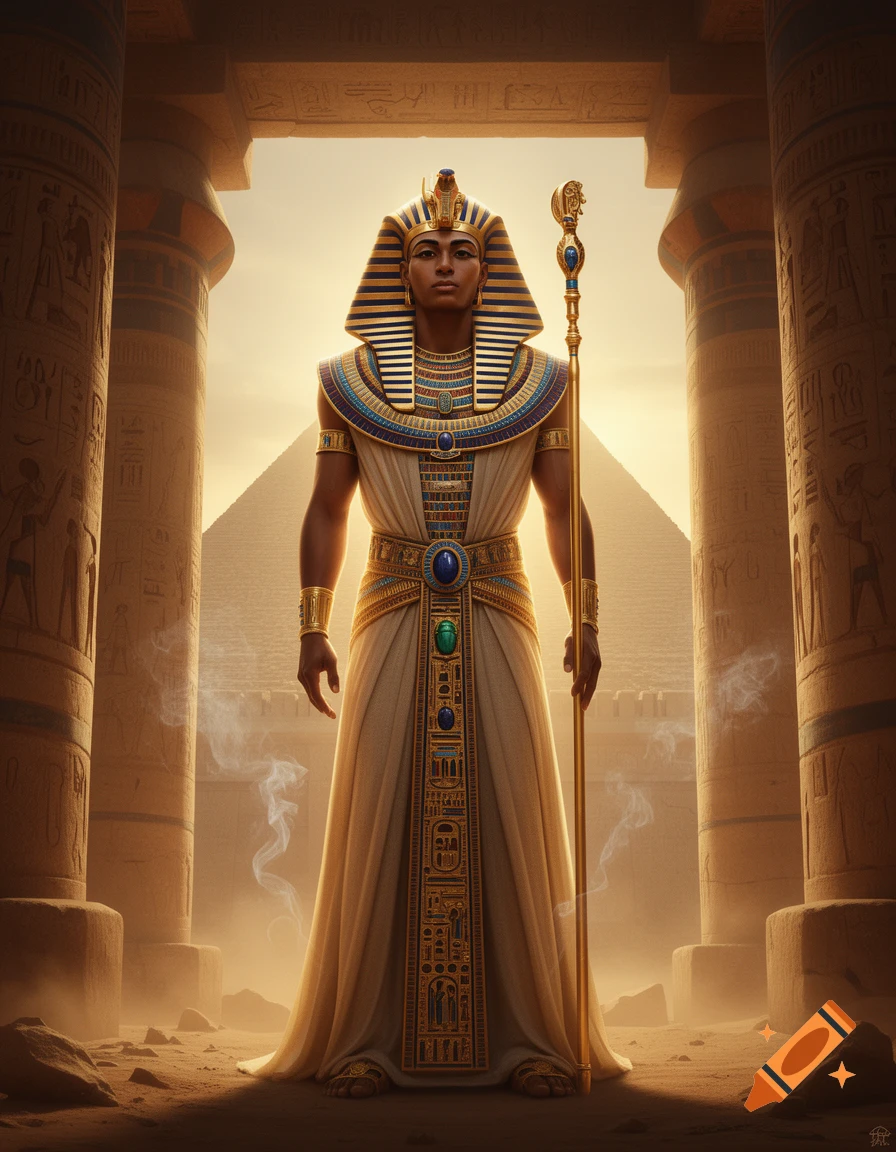 An Egyptian pharaoh standing between large stone pillars with hieroglyphics, holding a staff, in a photorealistic style.