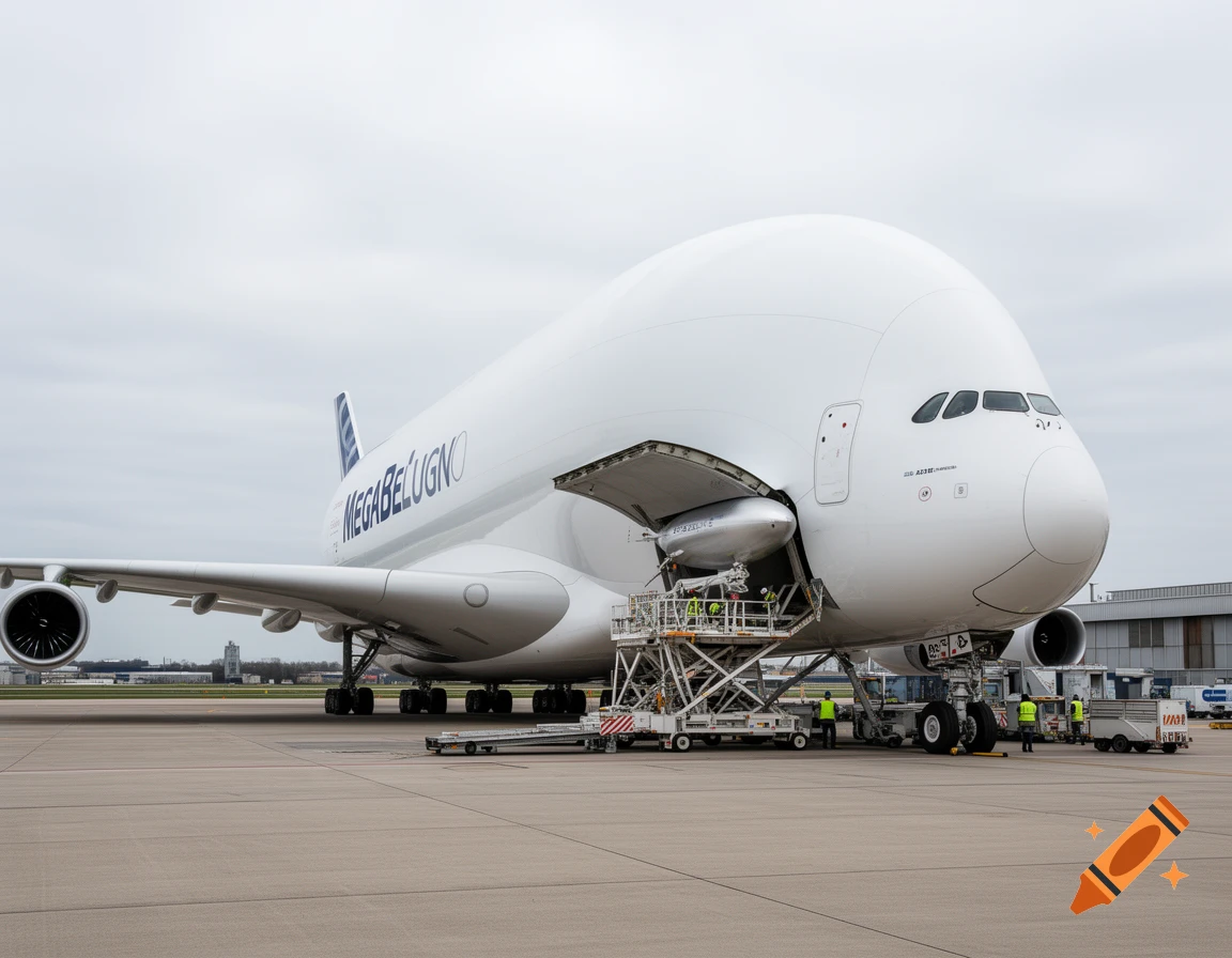 Photorealistic image of a modified Airbus A380 with a massive upper fuselage loading a small Zeppelin airship from its front cargo door.