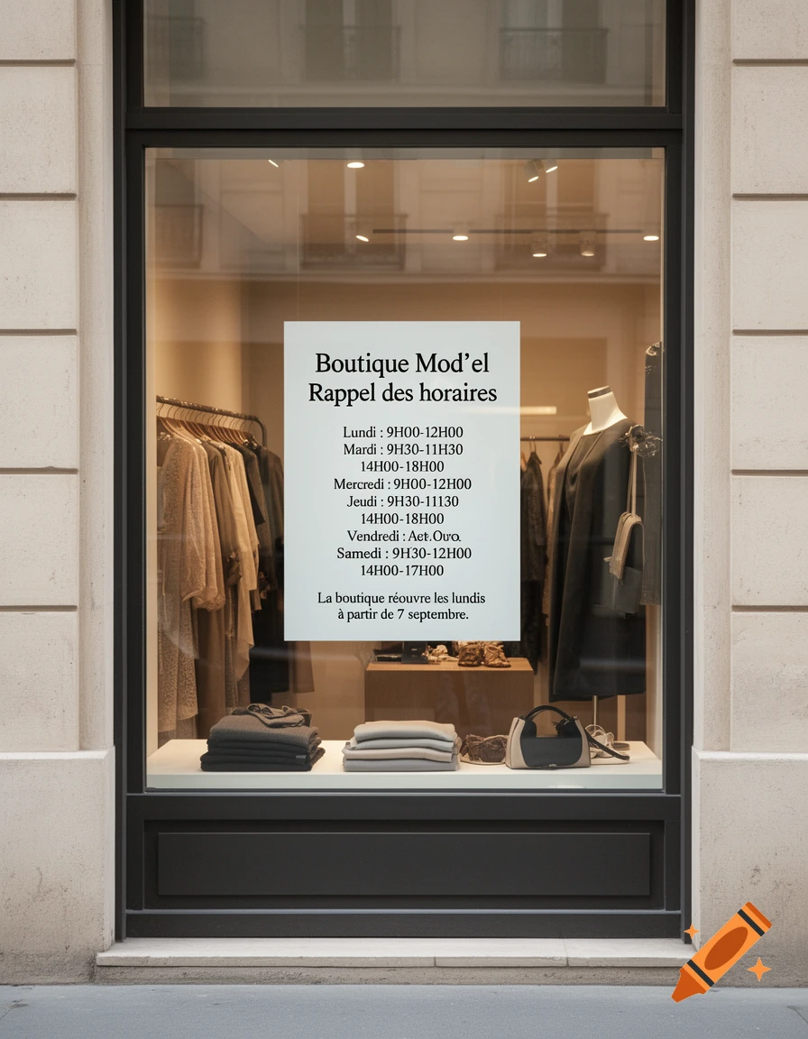 Photorealistic storefront of a boutique with a sign on the glass window displaying store hours and clothes racks visible inside.