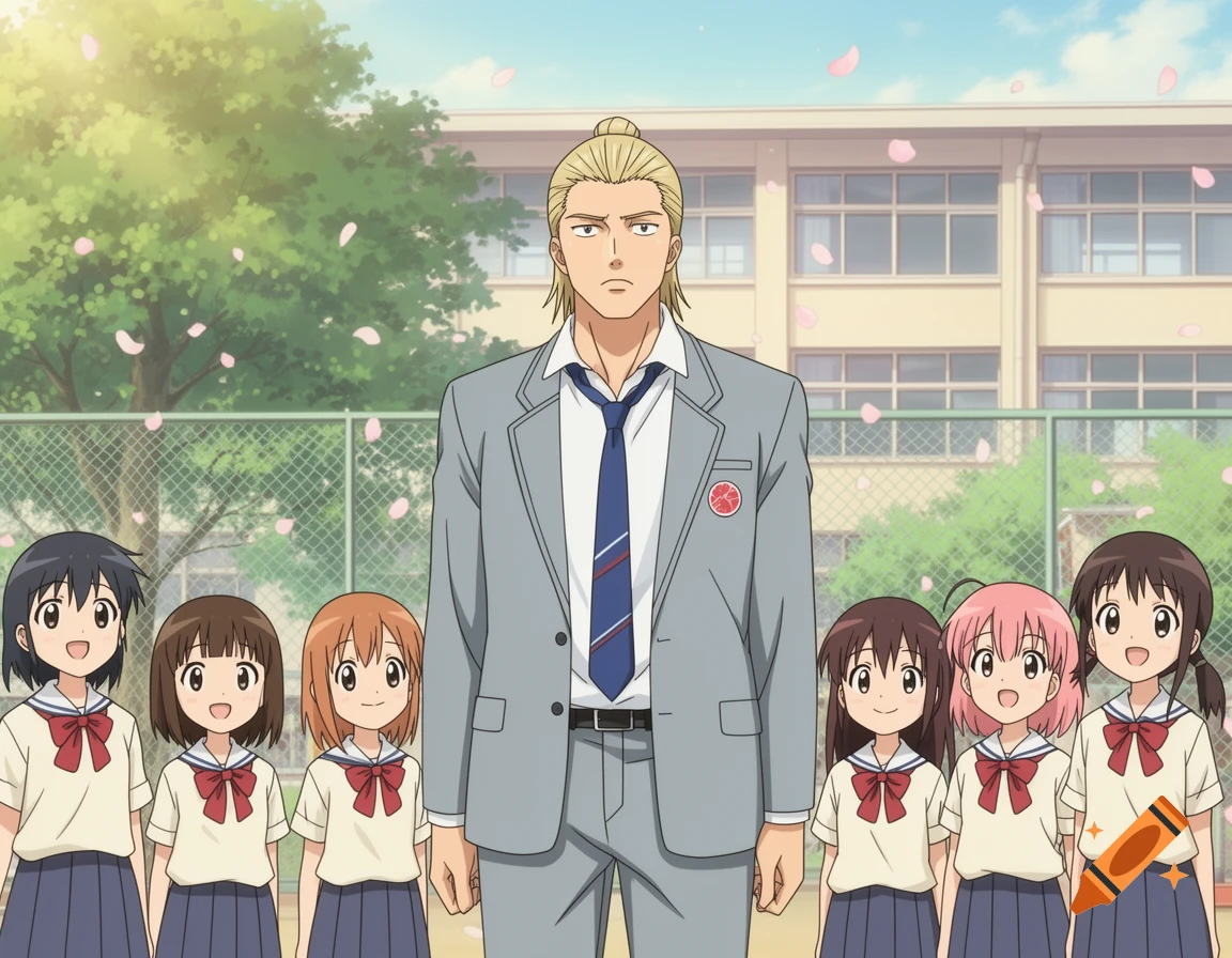 Anime style illustration of a tall blonde man standing in a schoolyard surrounded by several smiling schoolgirls.
