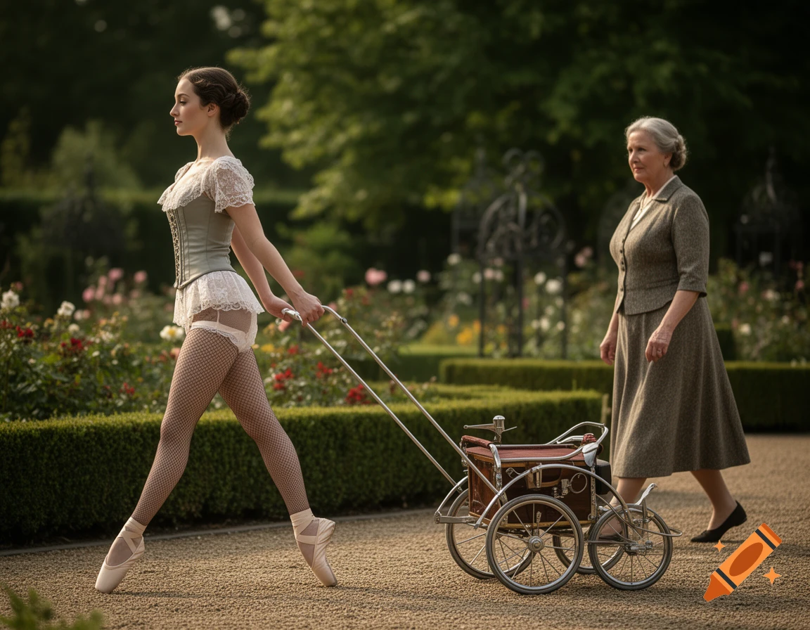 A photorealistic image of a ballerina in a vintage corset and fishnet stockings pulling a small vintage carriage in a garden, with an older woman walking behind.
