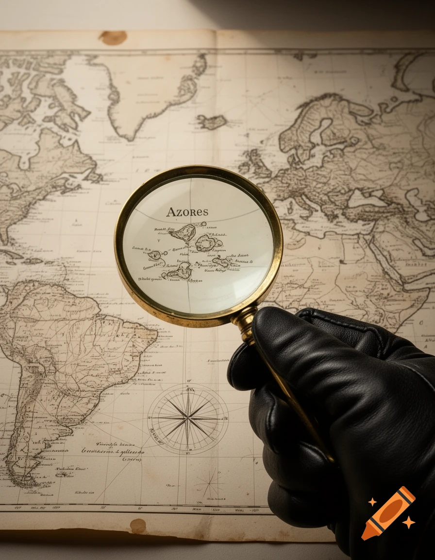 A gloved hand holds a magnifying glass over the Azores on an old navigational map.