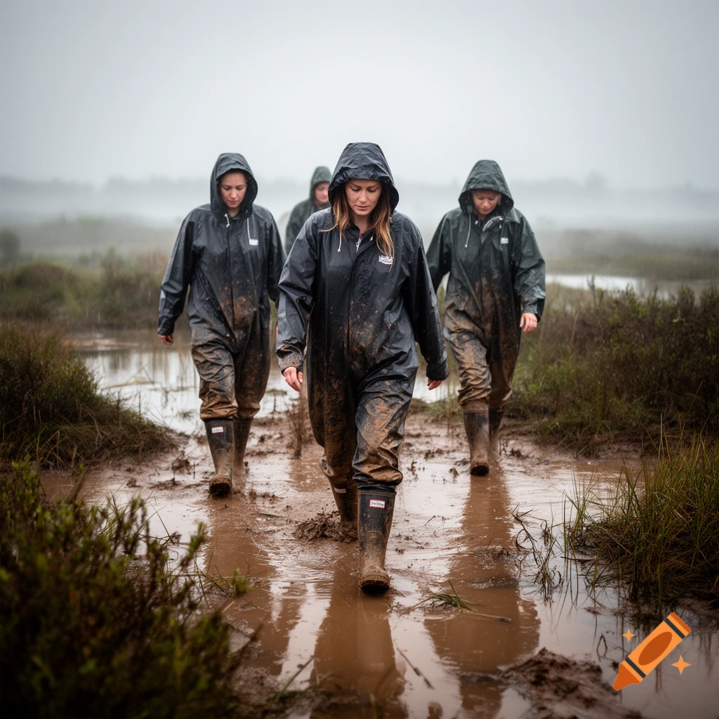 Four women wearing dark rain overalls and muddy boots walking through a muddy field in the rain, photorealistic.