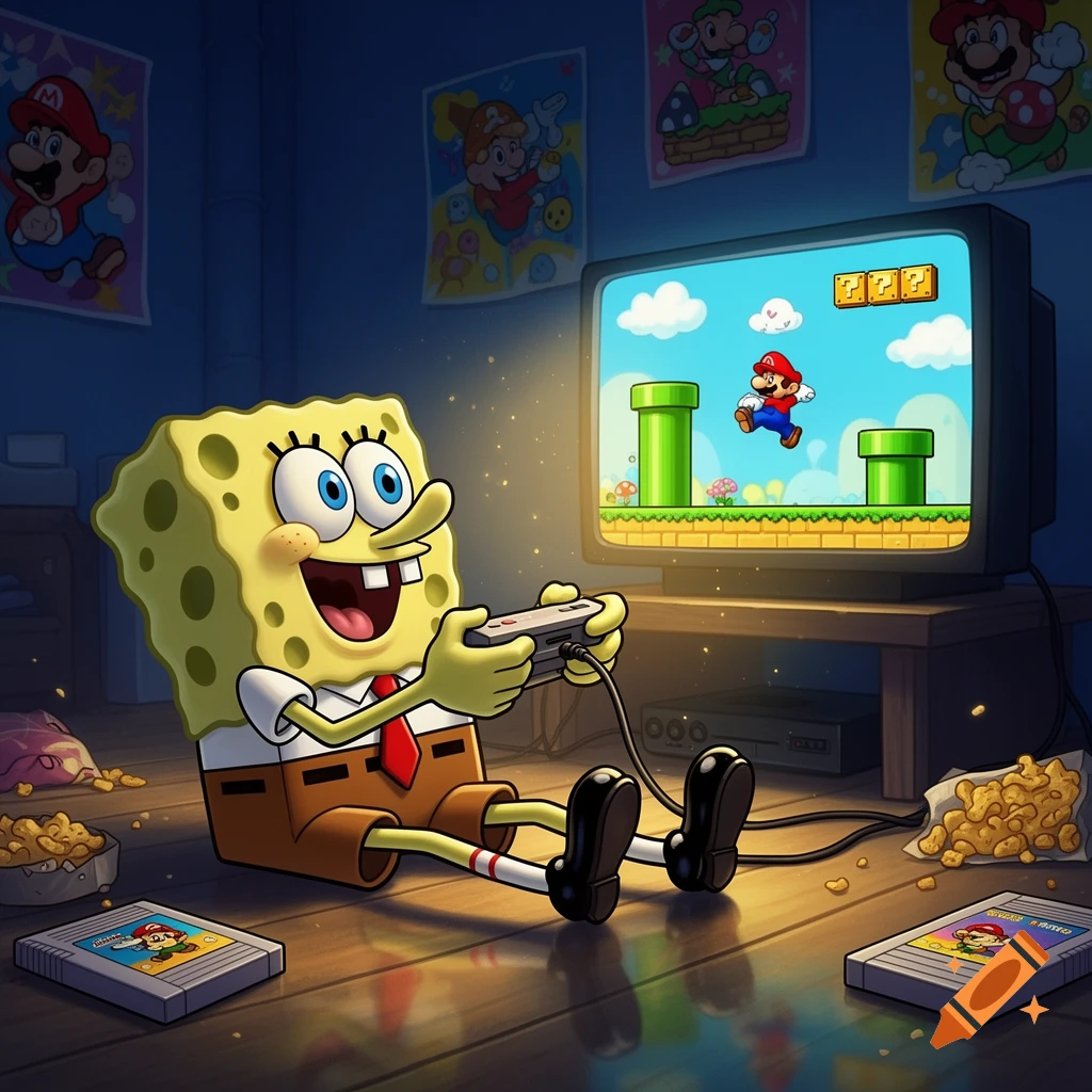 Digital illustration of SpongeBob SquarePants sitting on a floor playing Super Mario Bros on a retro TV, surrounded by video game cartridges.
