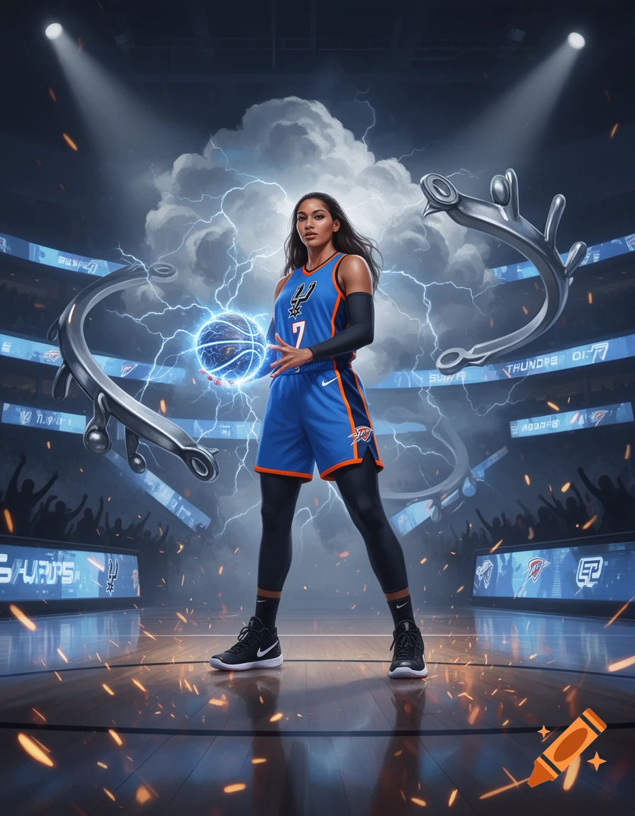 A female basketball player standing on a court holding a glowing basketball, surrounded by abstract metallic rings and lightning, video game style.