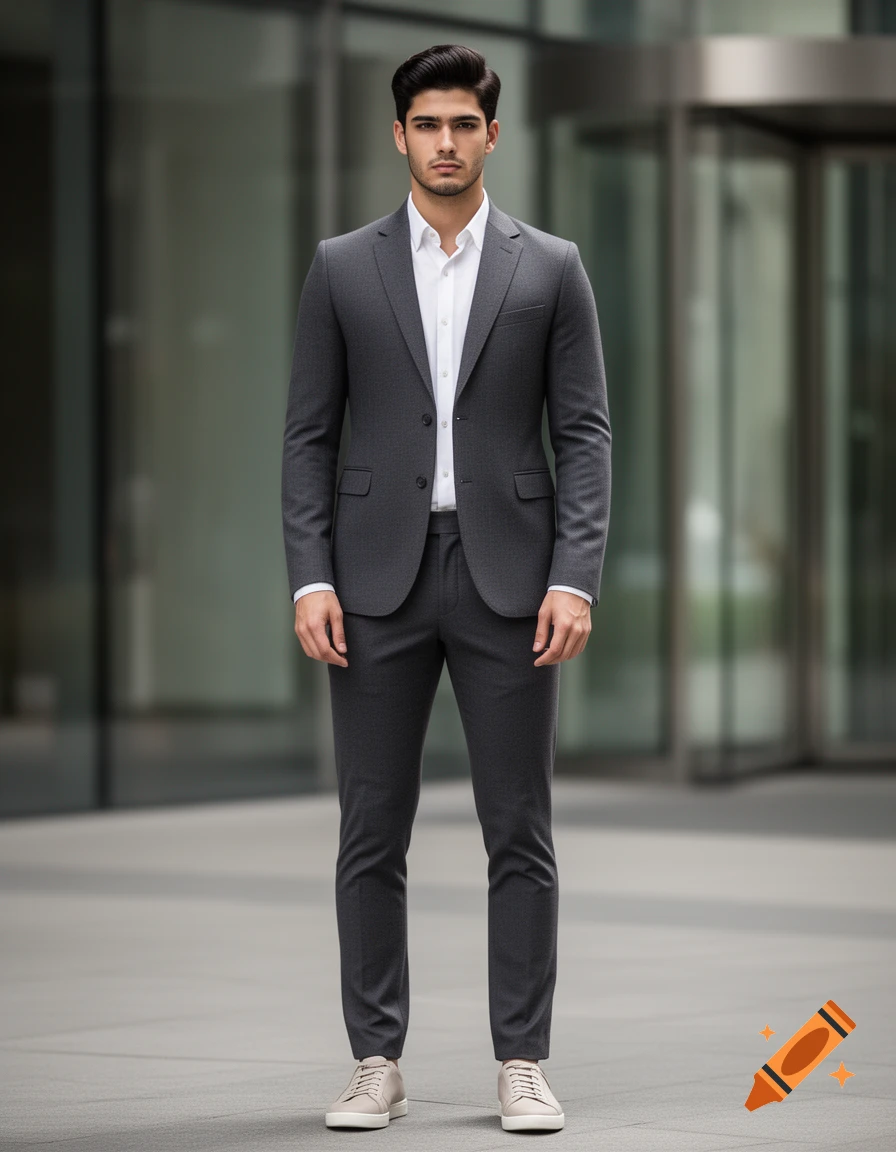 Photorealistic full-body portrait of a young man in a dark grey suit and white shirt standing outdoors.