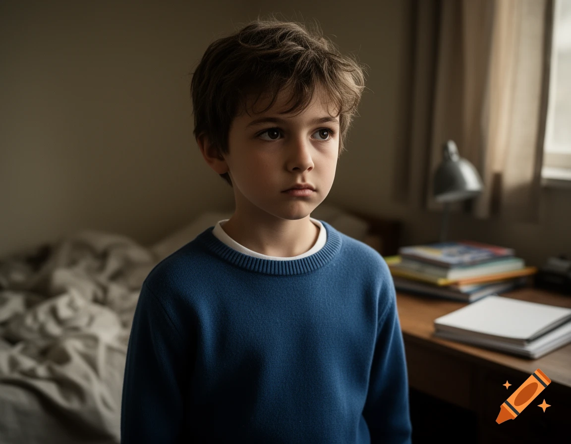 Photorealistic portrait of a young boy with dark hair wearing a blue sweater in a bedroom.