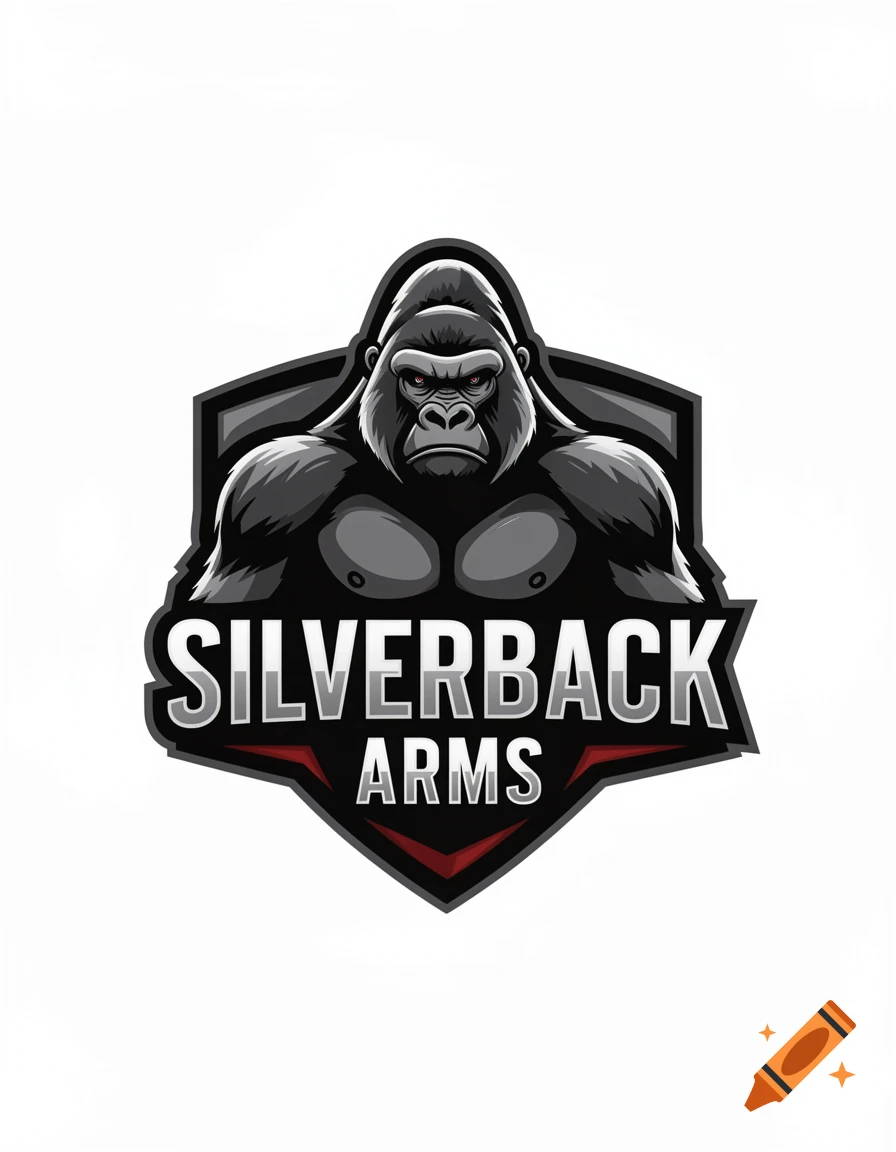 Esports logo featuring a fierce silverback gorilla with red eyes, shield background, and the text SILVERBACK ARMS.
