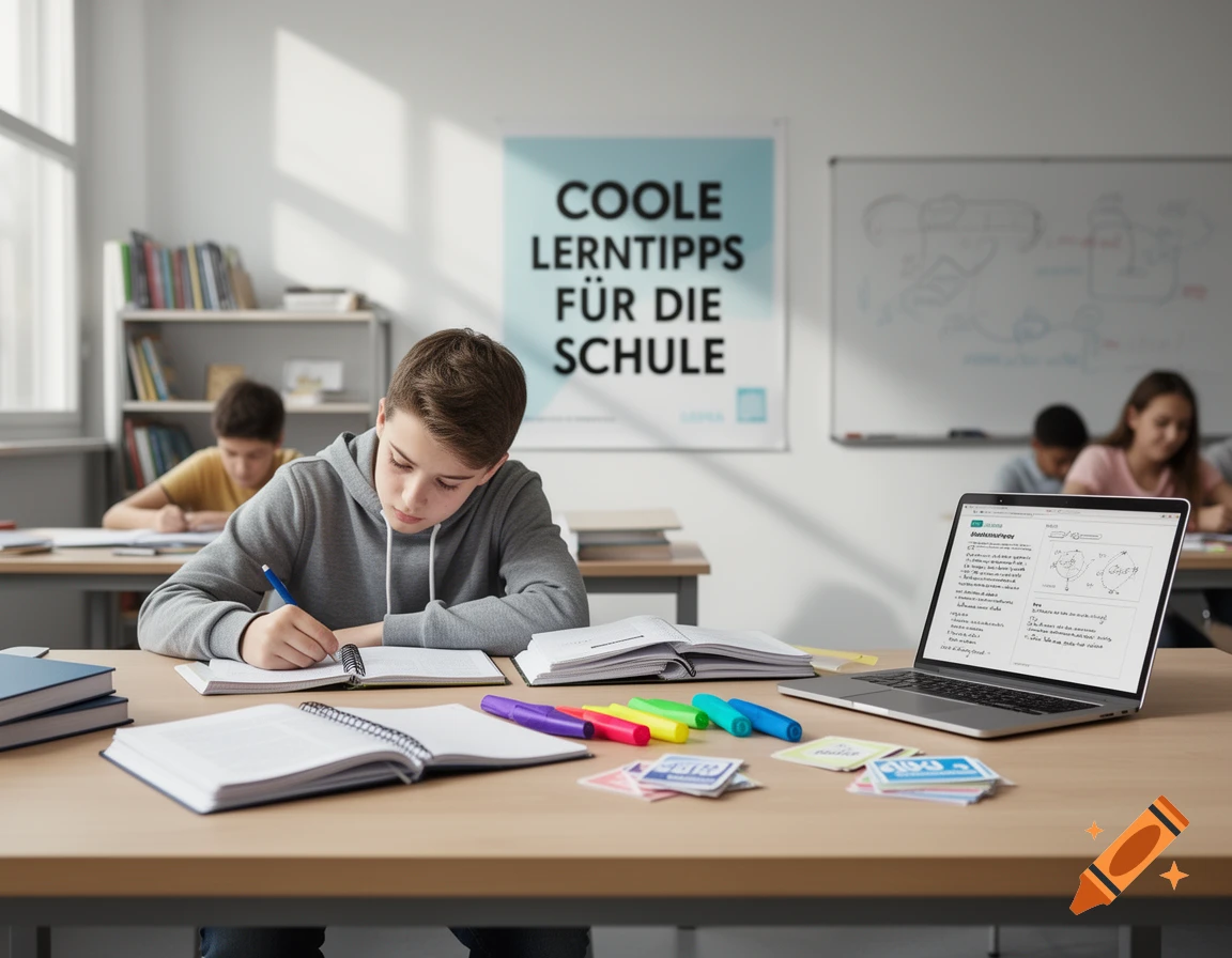 Students studying in a bright classroom, with a boy in a grey hoodie writing in a notebook in the foreground.