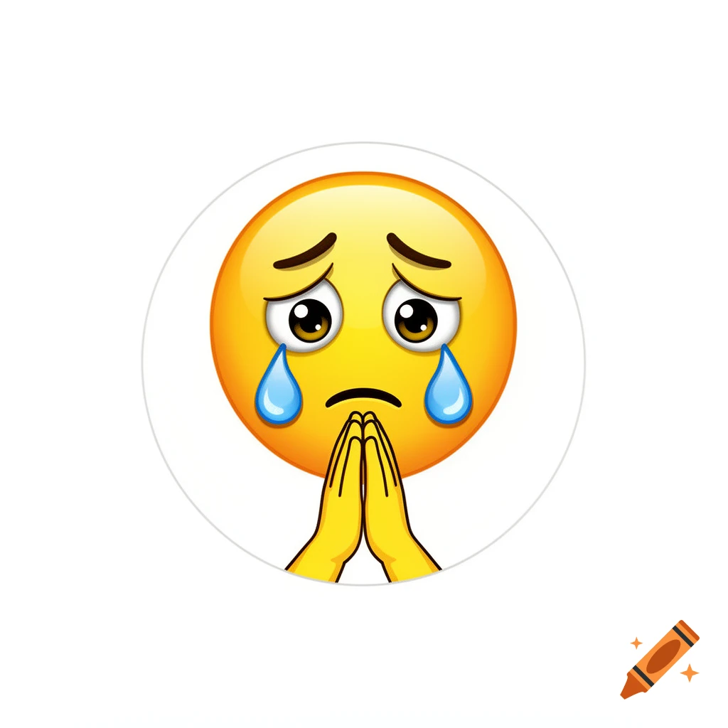 A sad crying yellow emoji with folded hands in a prayer gesture against a white background.