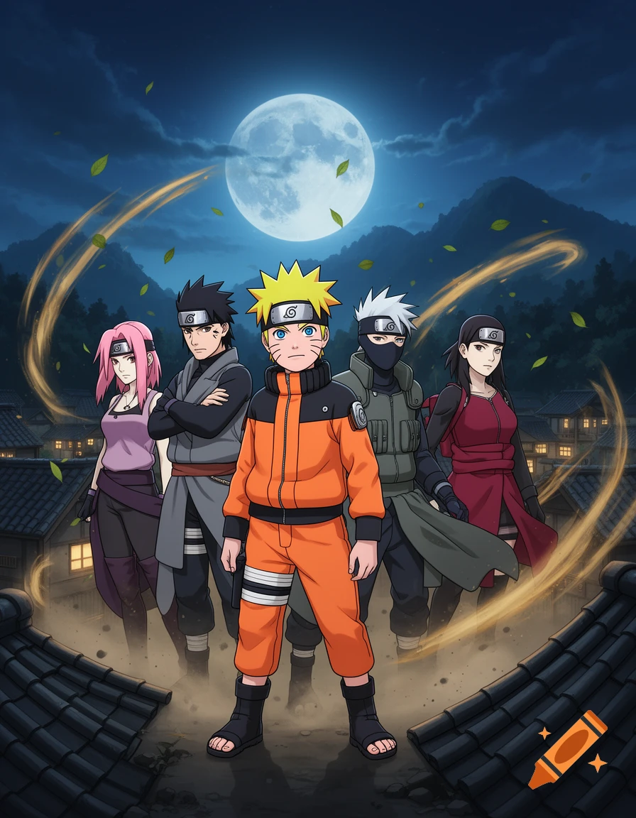 Anime style group illustration of Naruto and ninja characters standing on rooftops under a full moon.