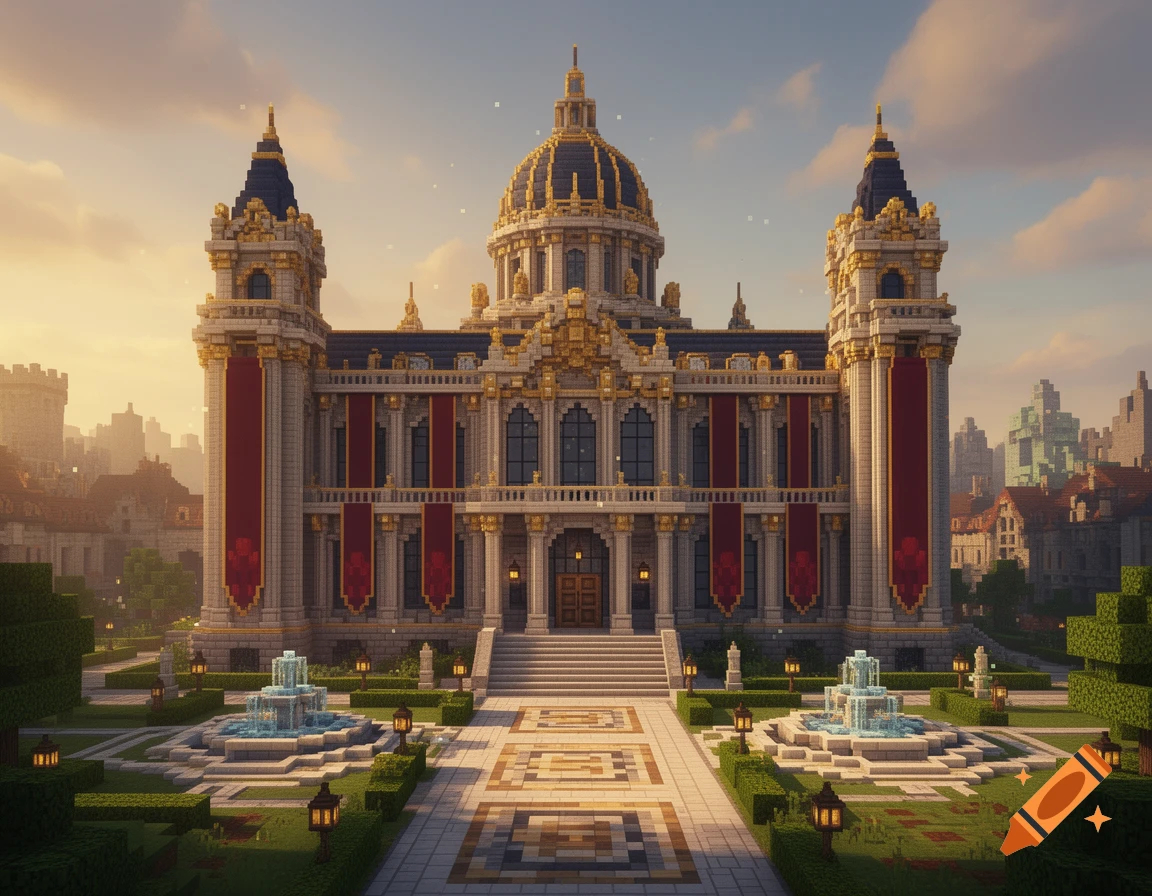 A grand royal palace rendered in a Minecraft style, featuring a large golden dome, tall towers, and manicured gardens with fountains at sunset.