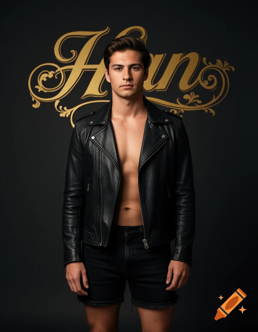 Photorealistic portrait of a young man with short dark hair, wearing an open black leather jacket, standing against a dark background with gold cursive text.