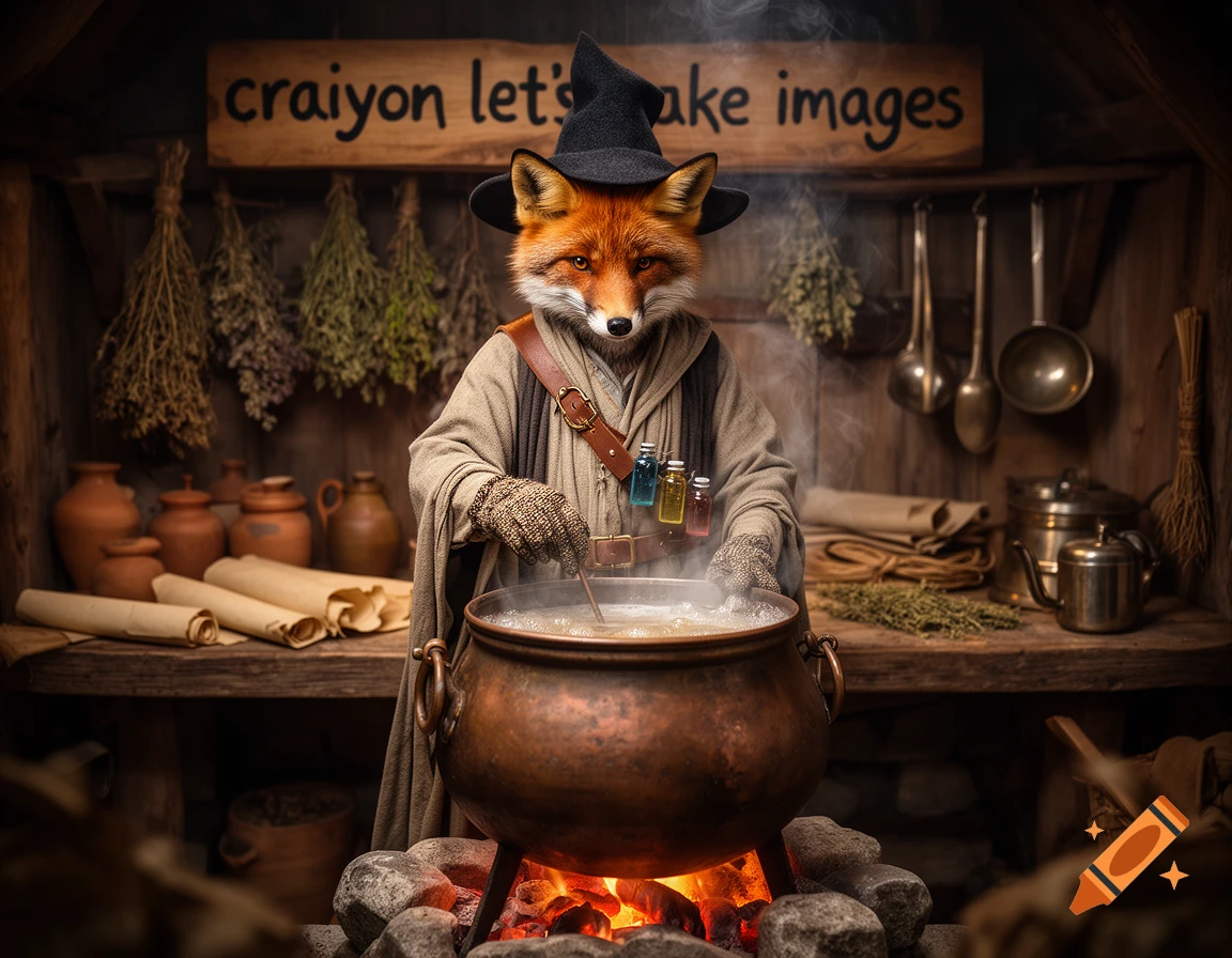 A anthropomorphic fox wearing a witch hat and robe, stirring a large copper cauldron in a rustic wooden workshop.