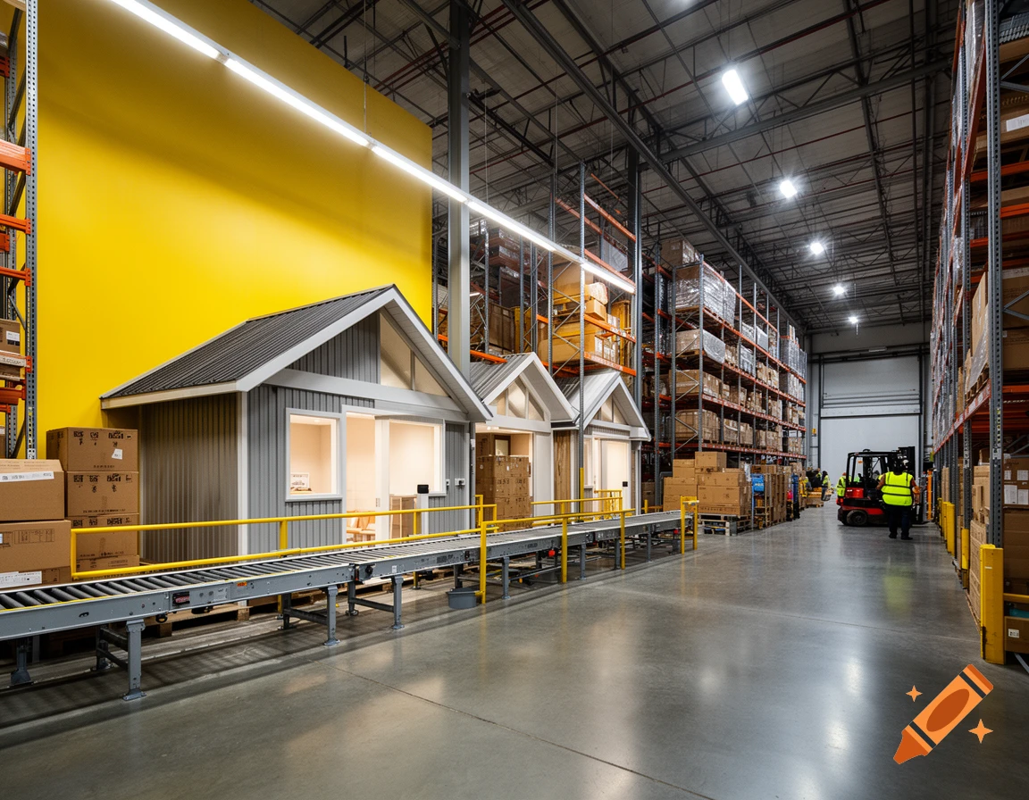 A photorealistic warehouse interior with miniature houses aligned on a conveyor belt in front of a tall yellow wall.