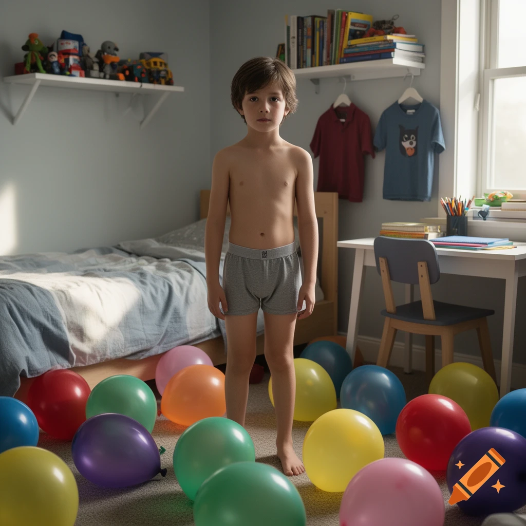 Photorealistic image of a young boy standing in his bedroom surrounded by colorful balloons on the floor.