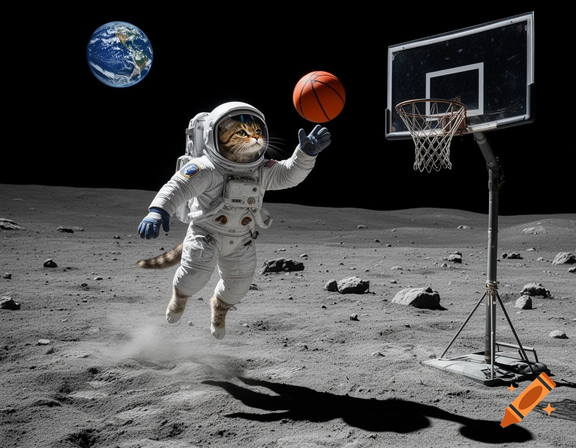 Photorealistic image of a cat in a spacesuit playing basketball on the Moon, with the Earth visible in the black sky.