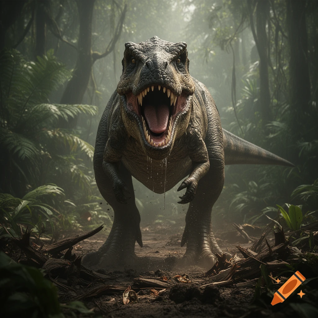 Photorealistic T-Rex roaring in a misty jungle with lush ferns and foliage.