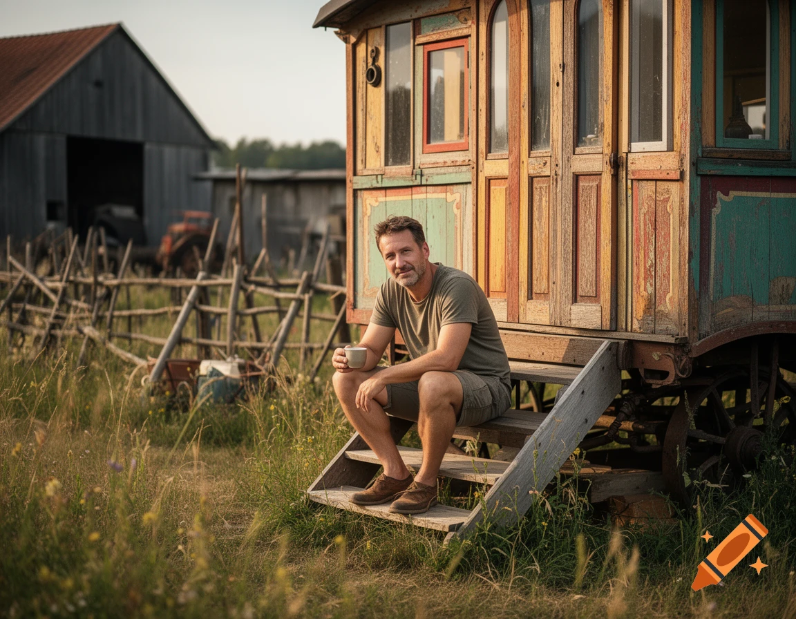 Photorealistic image of a 43-year-old man sitting on the steps of a converted circus wagon holding a coffee cup, in a rural setting.