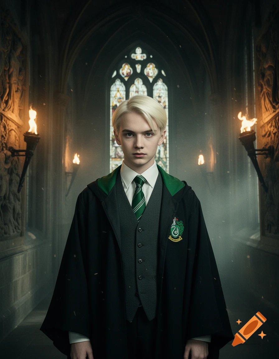 Photorealistic portrait of a young blonde male wizard in a Hogwarts uniform standing in a stone castle hallway.