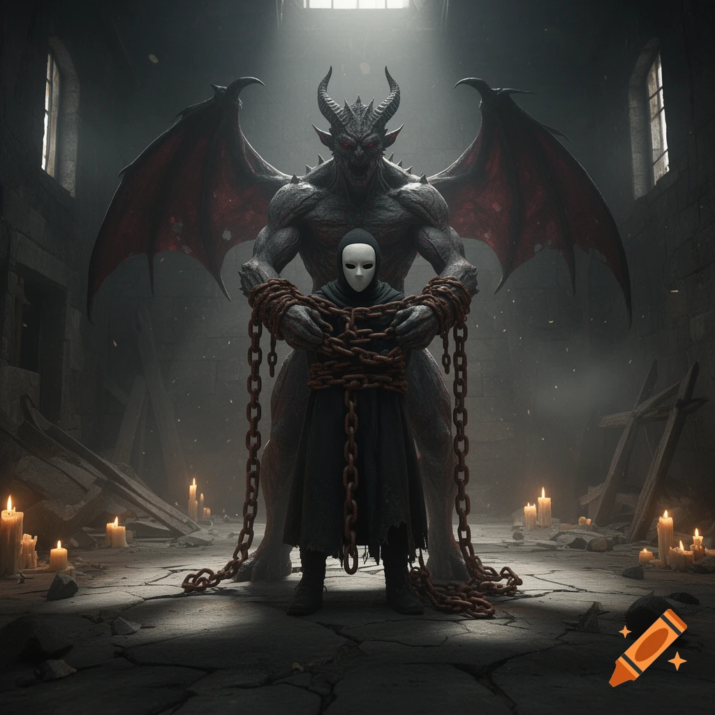 A dark fantasy scene of a horned demon binding a masked figure in heavy iron chains inside a stone chamber with candles.