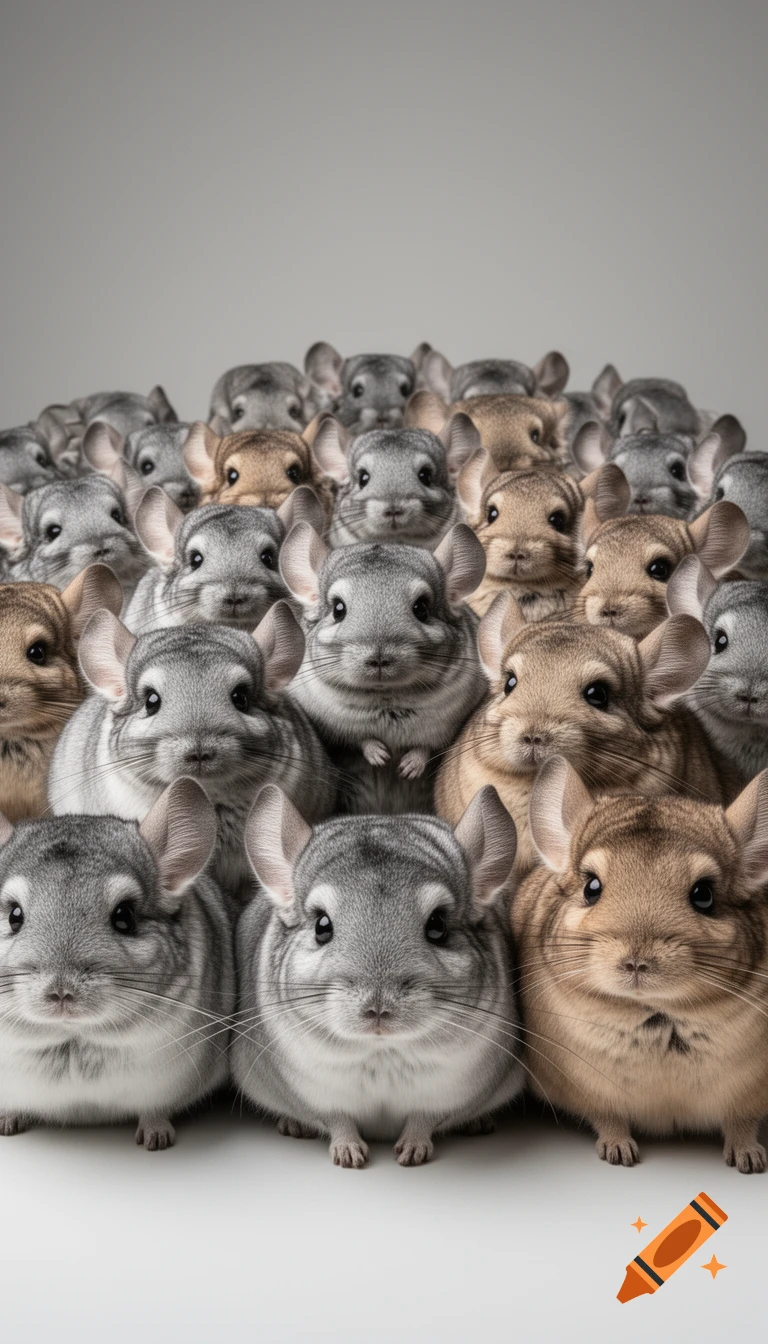 Professional studio photograph of a massive group of fluffy, chubby chinchillas squeezed together tightly.