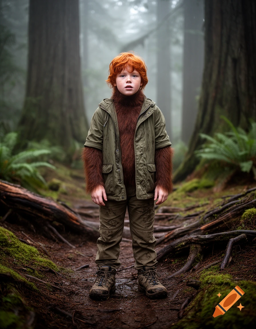 Photorealistic image of a young redhead child with sasquatch-like fur on their neck and arms, standing in a misty forest.