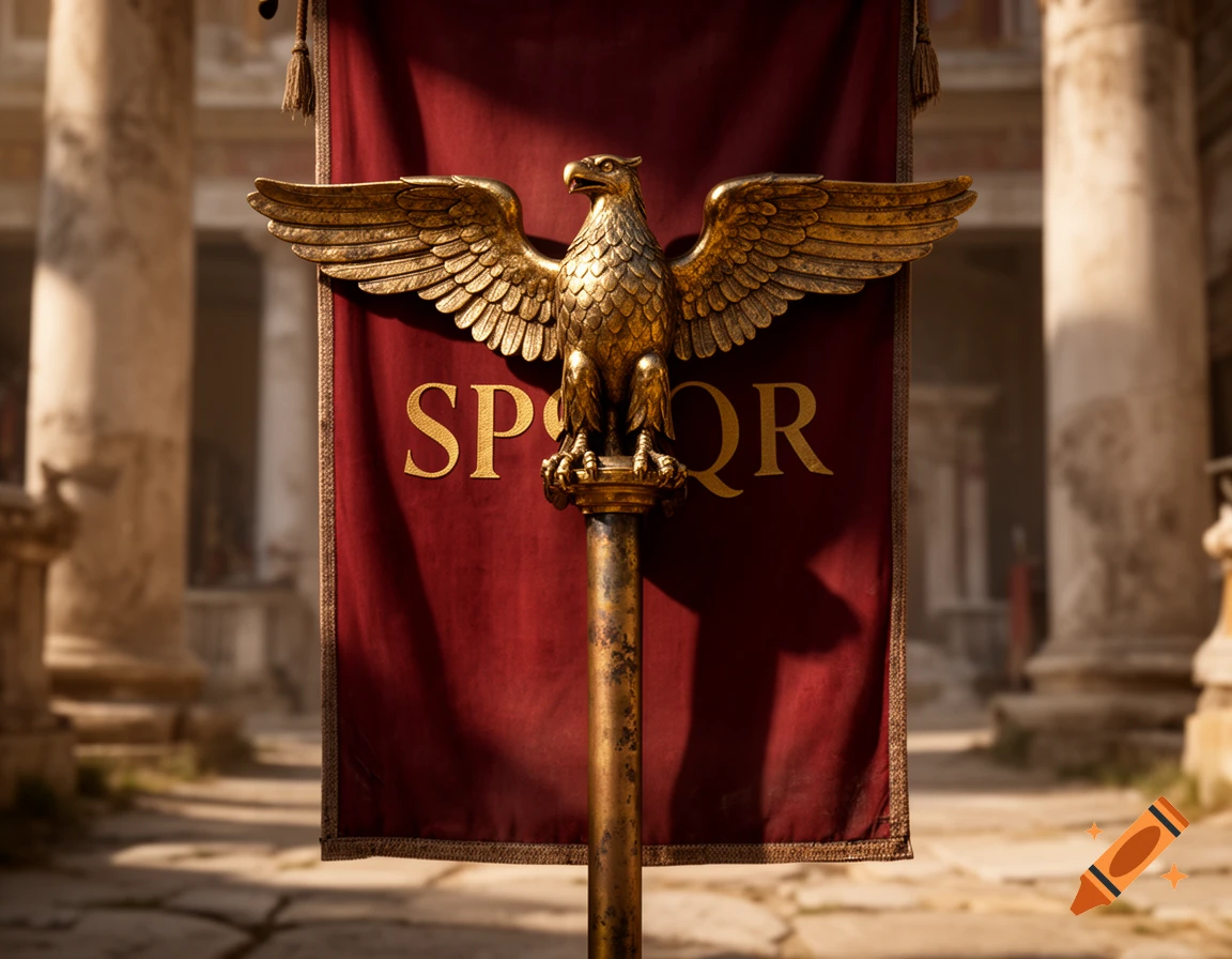 Photorealistic roman golden eagle standard with SPQR text on a red banner in an ancient Roman courtyard.