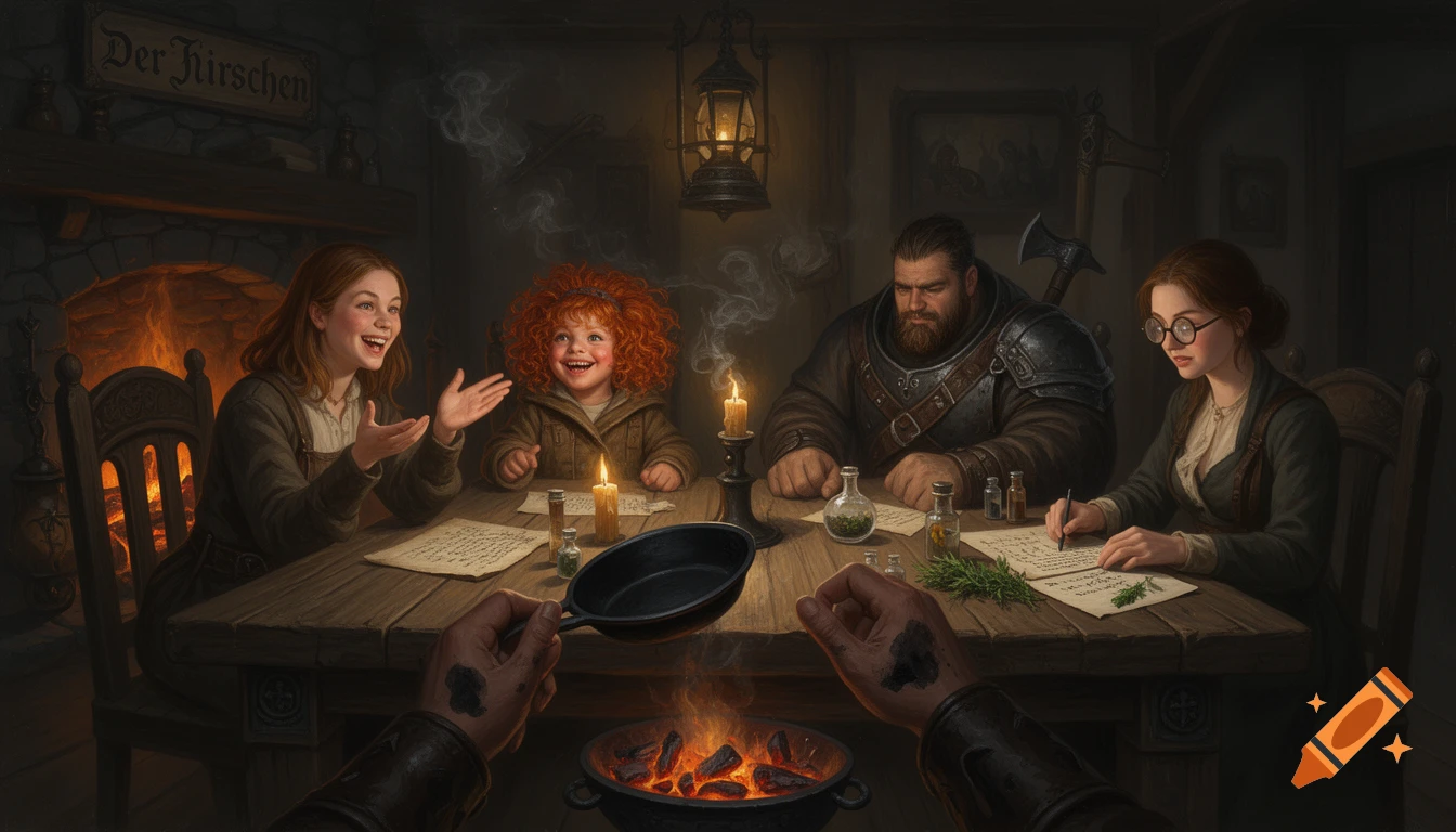 First-person view of a traveler at a tavern table with diverse fantasy companions, illuminated by candlelight, digital painting.