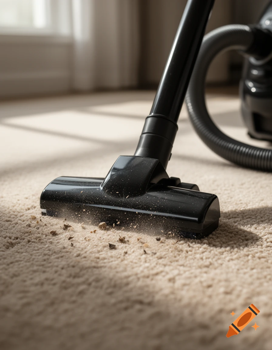 Close-up photorealistic shot of a black vacuum cleaner head on a beige carpet, capturing dust particles being sucked in.