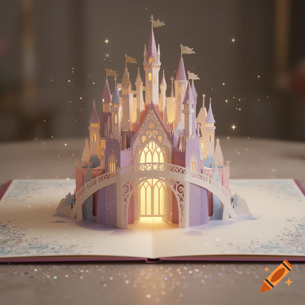 An intricate pop-up book castle with pink and purple towers, glowing lights, and shimmering glitter.