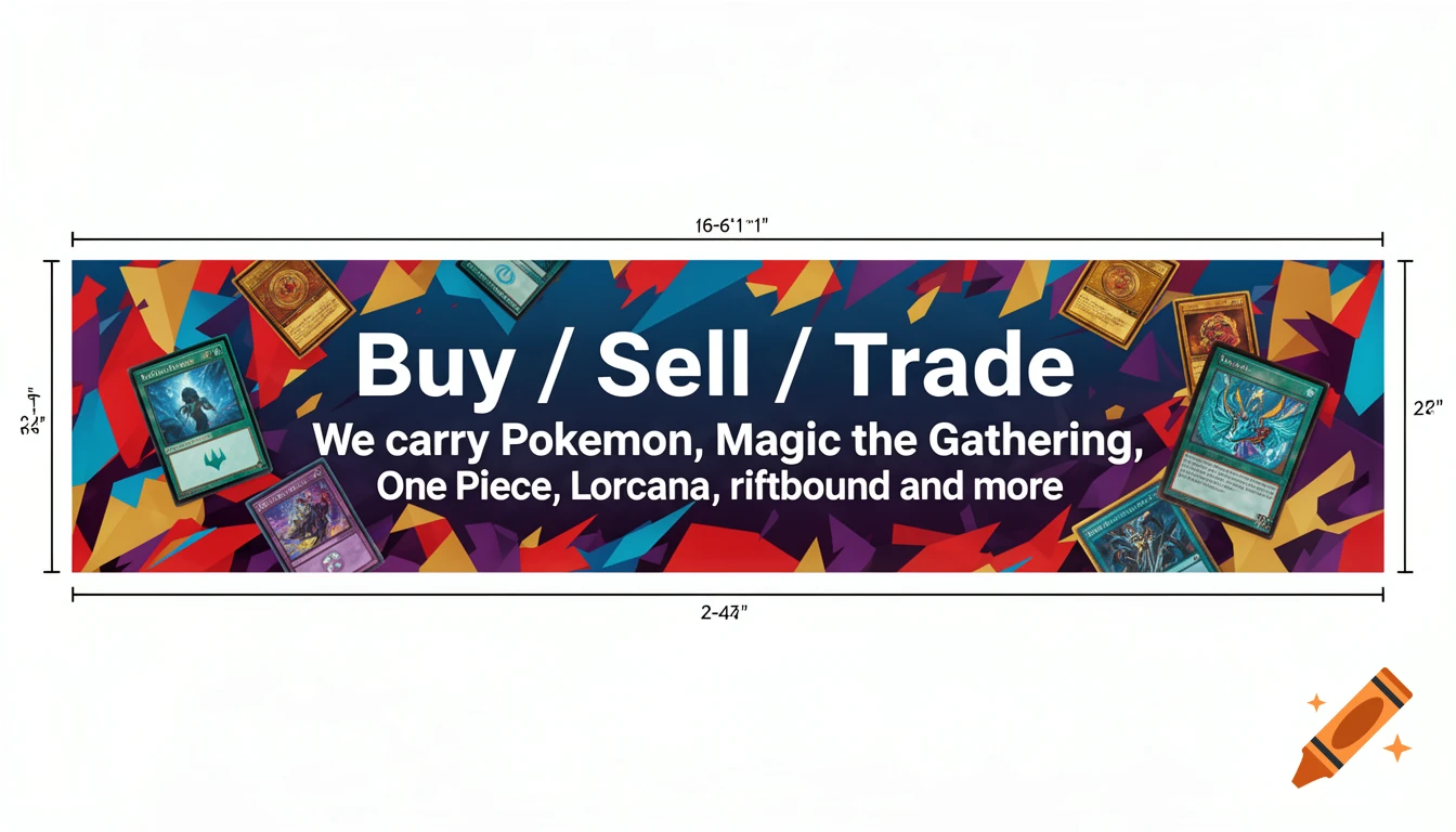 Trade show banner with colorful geometric background featuring the text Buy, Sell, Trade and various trading card game illustrations.