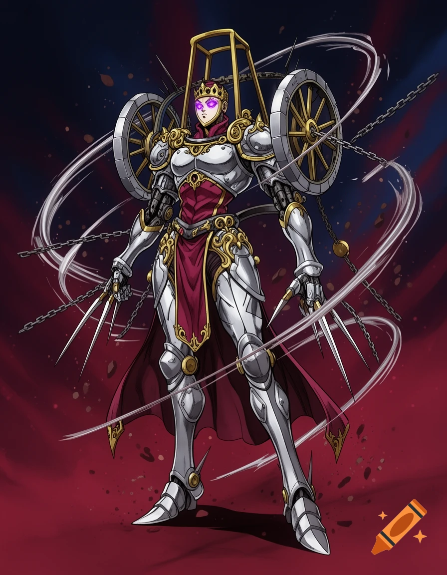 An anime-style illustration of a humanoid mechanical warrior with chariot wheels on its shoulders, holding claw weapons, against a dark red background.
