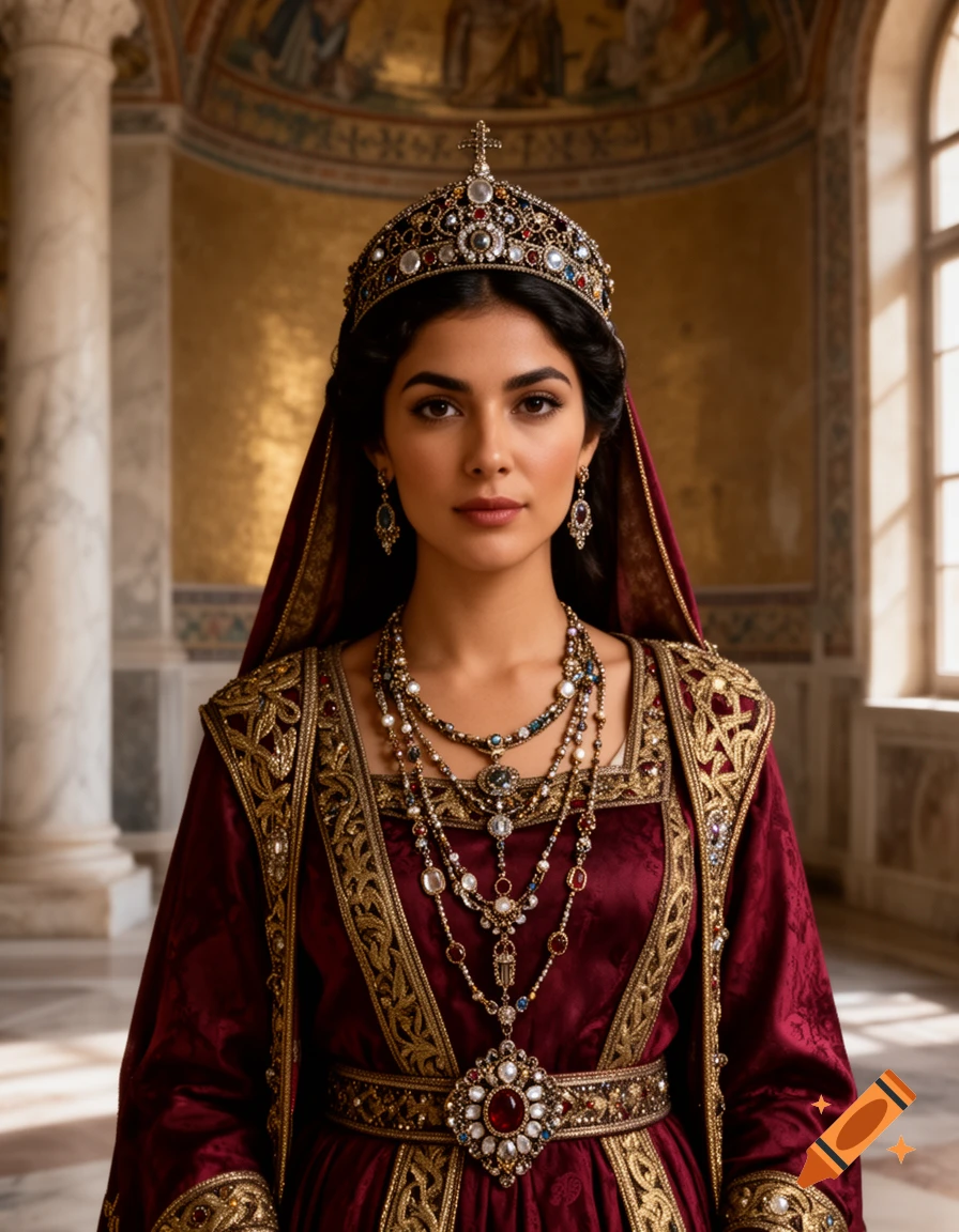 Photorealistic portrait of Empress Theodora wearing an ornate crown, veil, and jeweled necklaces in a historic hall.
