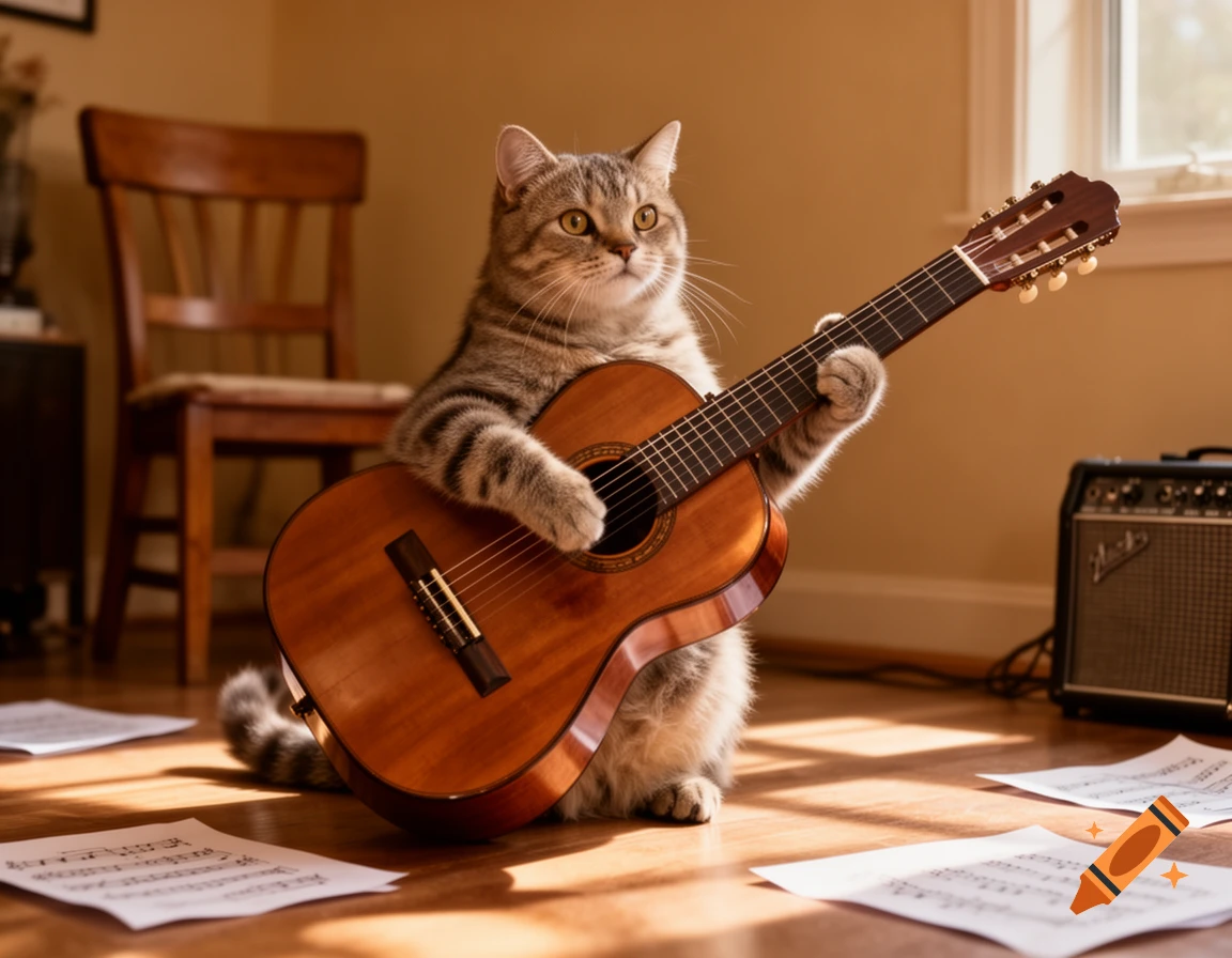 A photorealistic tabby cat sitting on a wooden floor and playing an acoustic guitar, with sheet music scattered around.
