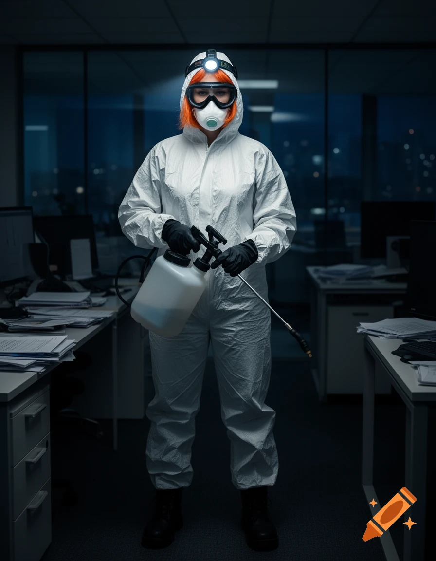 Photorealistic image of a person in a white hazmat suit, gas mask, and headlamp holding a spray bottle inside a dark office.