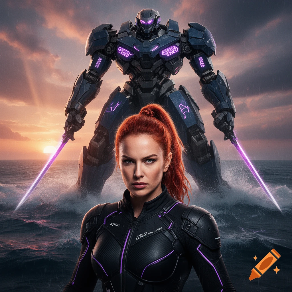 Cinematic poster of a female fighter pilot in a black suit with a giant mecha robot in the stormy ocean.
