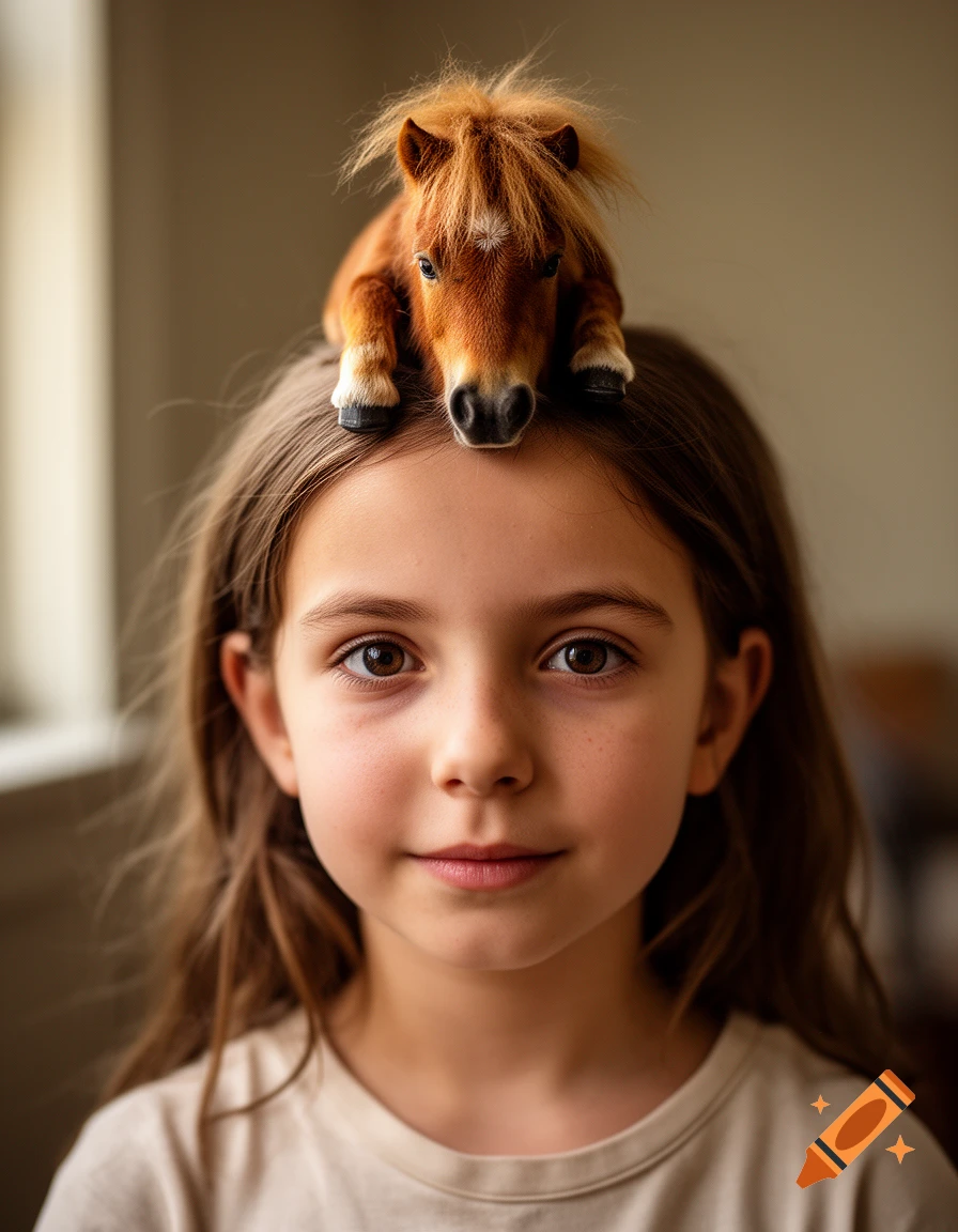 Photorealistic close-up portrait of a young girl with long brown hair, with a small toy pony sitting on her head.