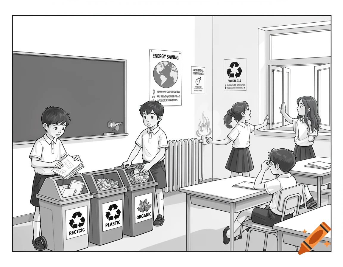 Black and white illustration of students in a classroom recycling, saving energy, and opening windows.