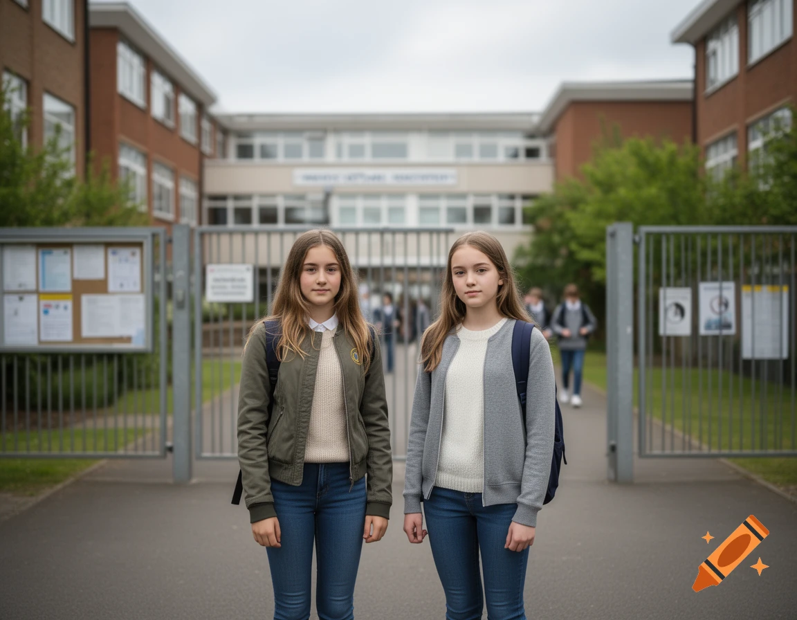 Photorealistic image of two young girls standing in front of a school gate.