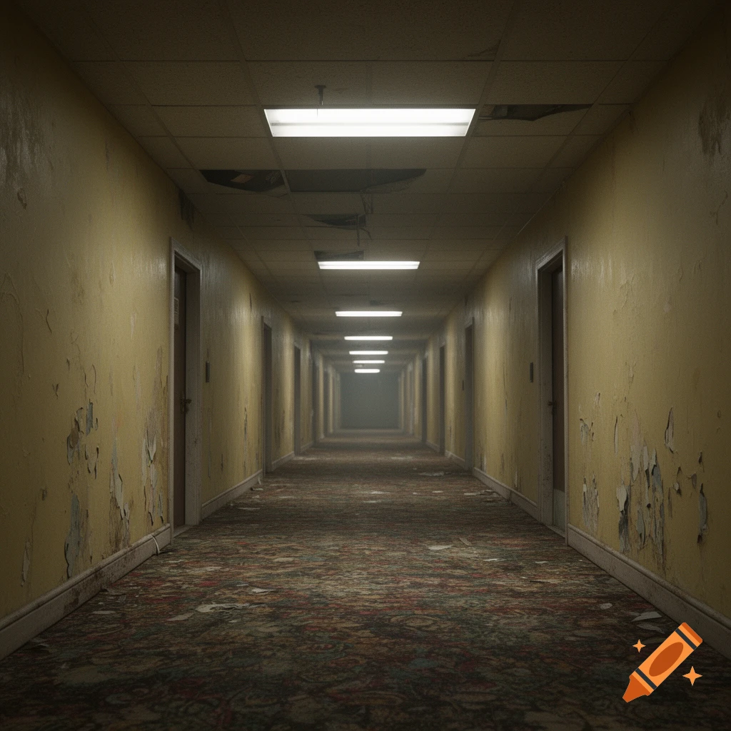 Photorealistic long, narrow, empty hallway with peeling yellow wallpaper, worn patterned carpet, and fluorescent ceiling lights.