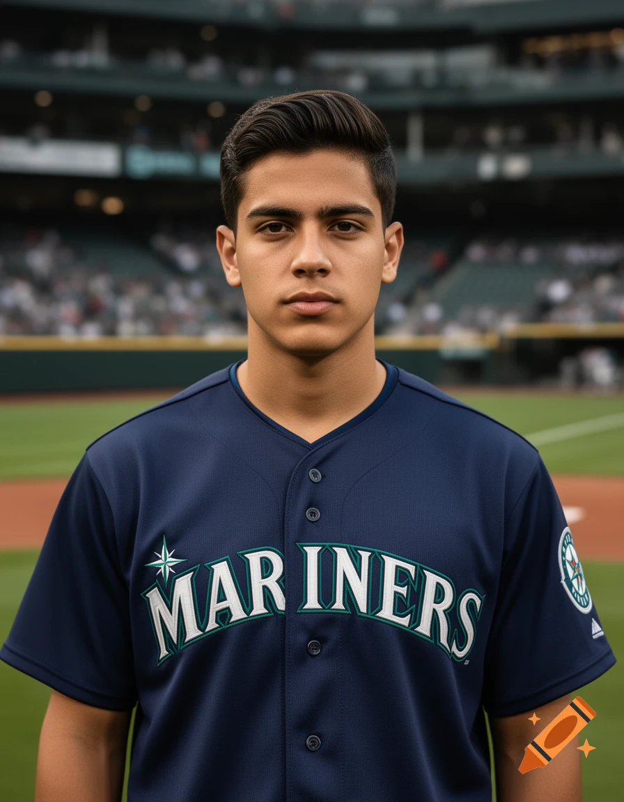 Photorealistic portrait of a young male baseball player wearing a blue Seattle Mariners jersey on a field.
