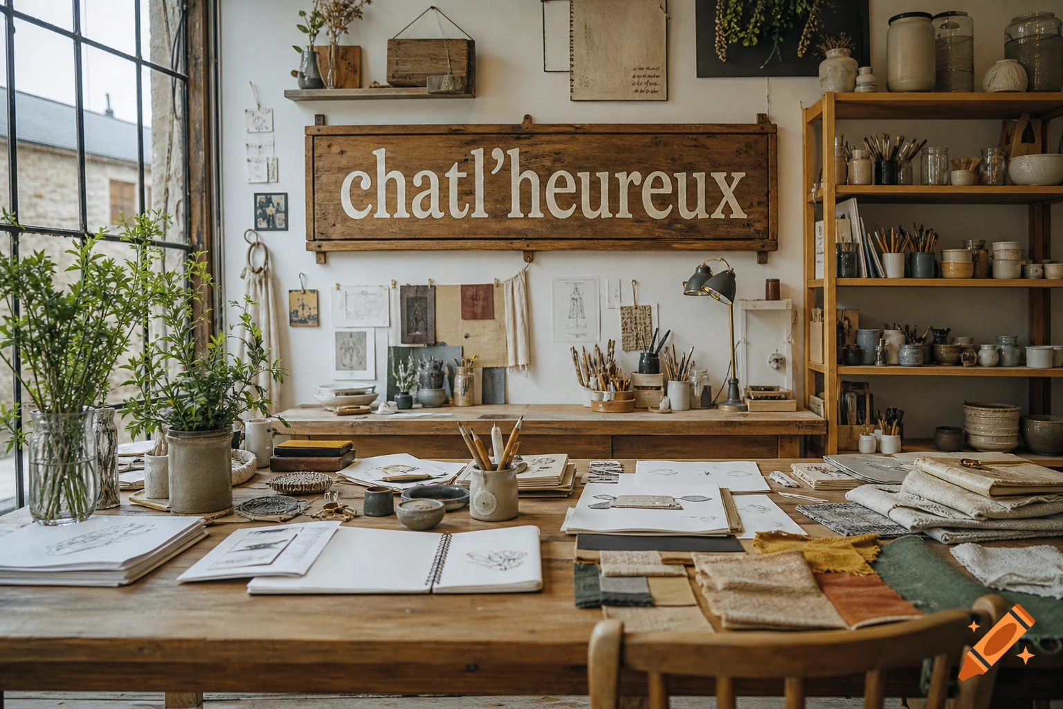 Photorealistic craft workshop interior with a large wooden sign reading 'chatl'heureux', art supplies, plants, and a table filled with sketches.