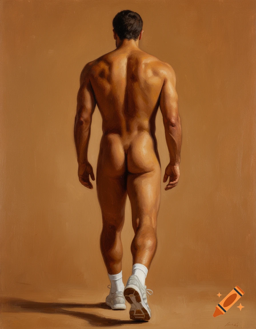 Figurative realist oil painting of an adult male figure viewed from behind walking away, wearing white socks and sneakers.