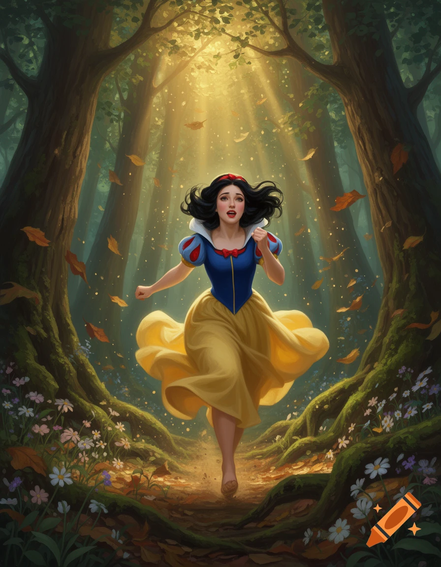 Digital painting of Snow White running through a magical, sunlit forest surrounded by flowers and falling leaves.